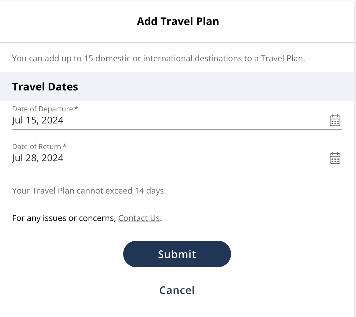 Card Hub Add Travel Plan Dates