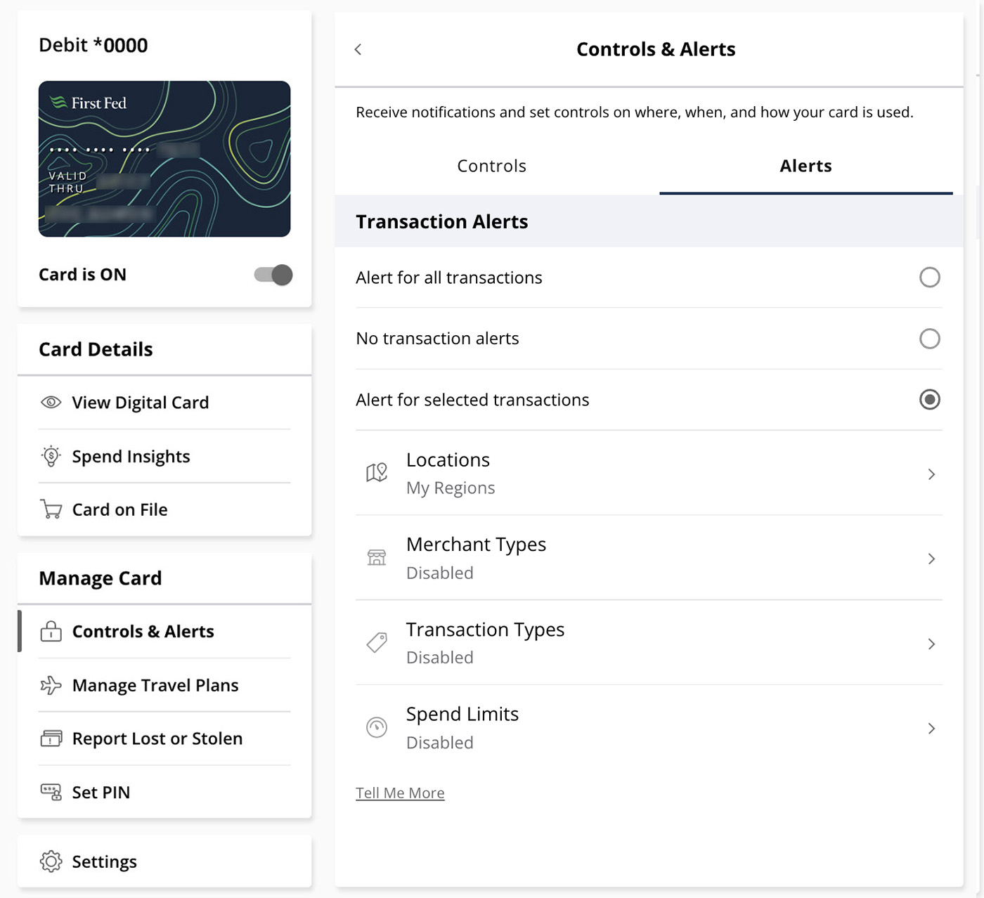 Screenshot of Card Management in online banking