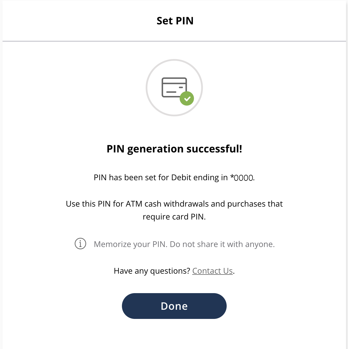 Card Hub New PIN successful